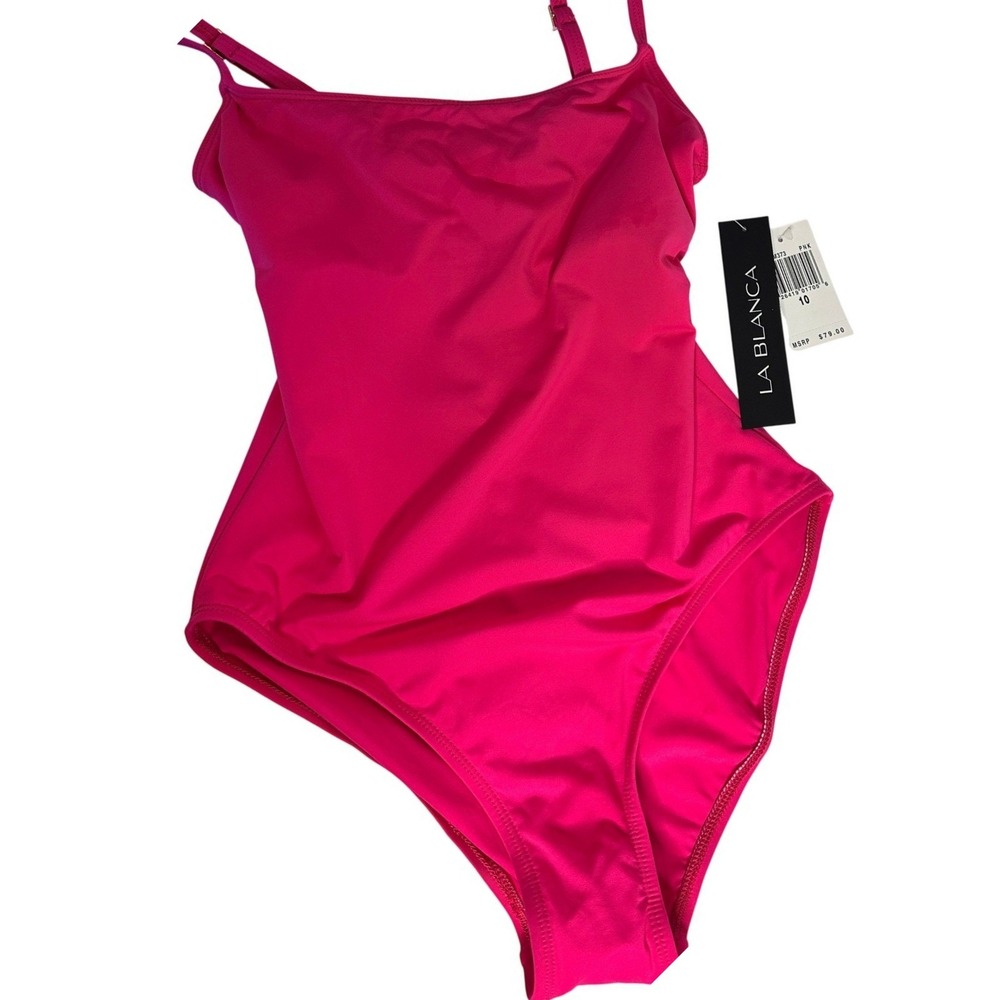 NWT LA BLANCA Pink One Piece Swimsuit Size 10 Scoop Neck Adjustable Straps PNK